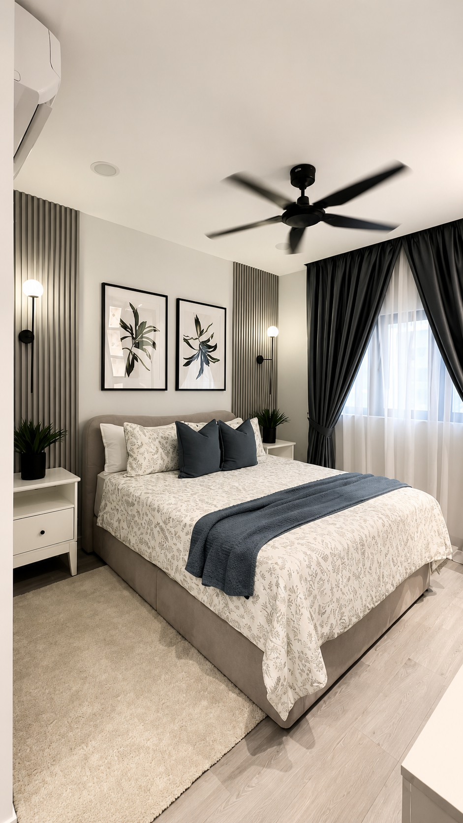 Contemporary bedroom with an upholstered bed
