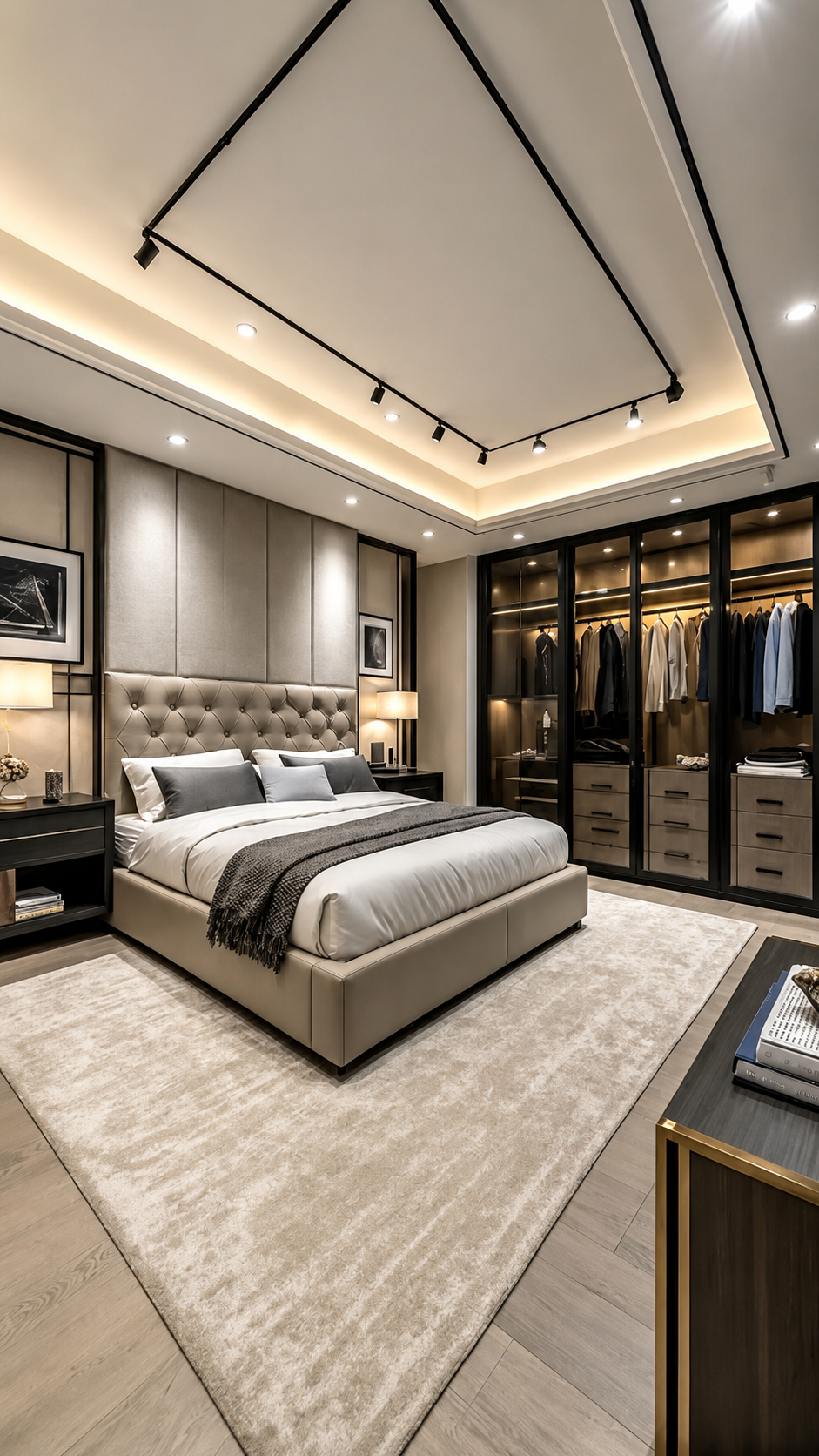 Luxury upholstered bed in a modern bedroom